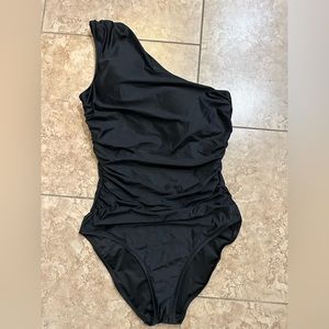 Long-torso ruched one-shoulder one-piece